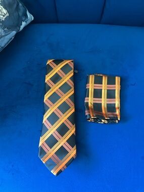 Men's Orange and Black Plaid Necktie with Pocket Square Set